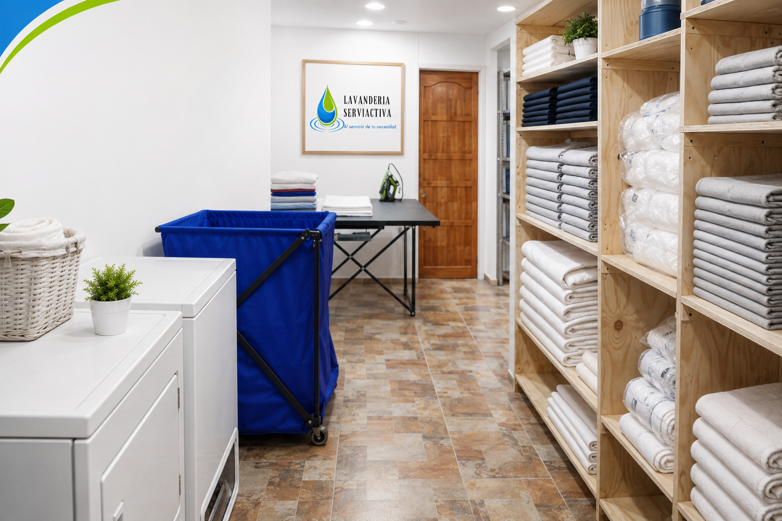 Ilustración de una lavandería con textiles organizados