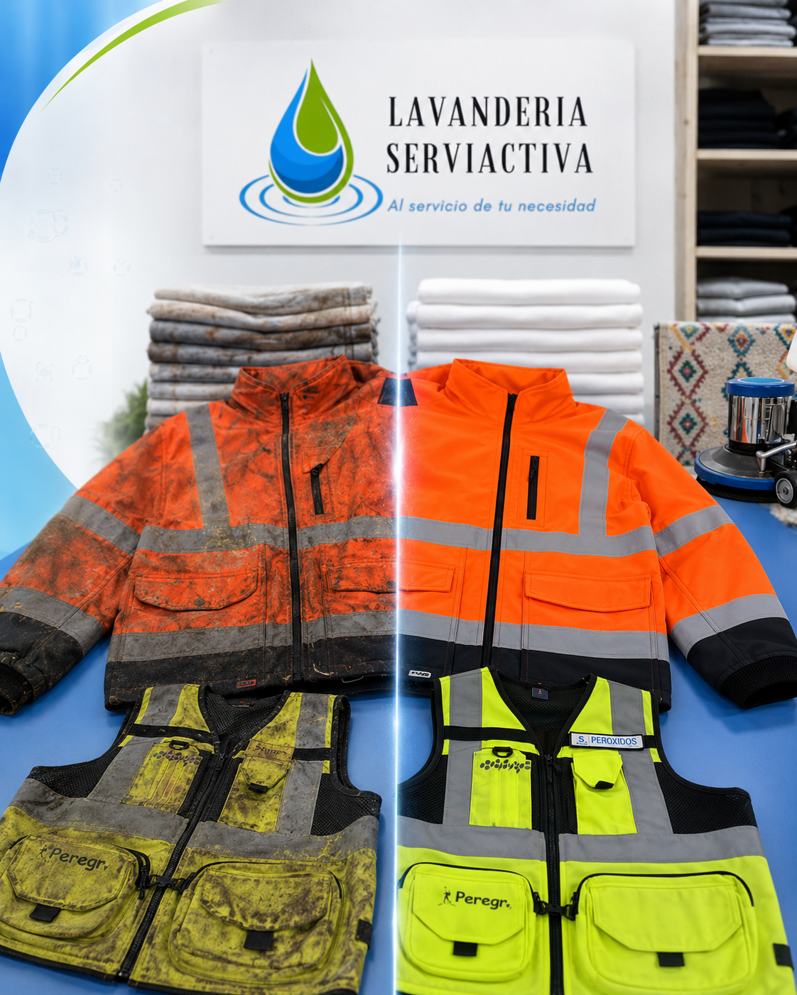Comparación ilustrativa del cuidado de uniformes; los resultados dependen de cada prenda